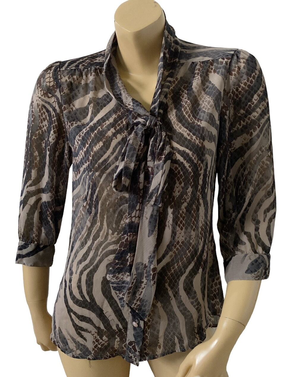 Notations Sheer Animal Print Blouse Womens Small Tie Neck Button Front Top